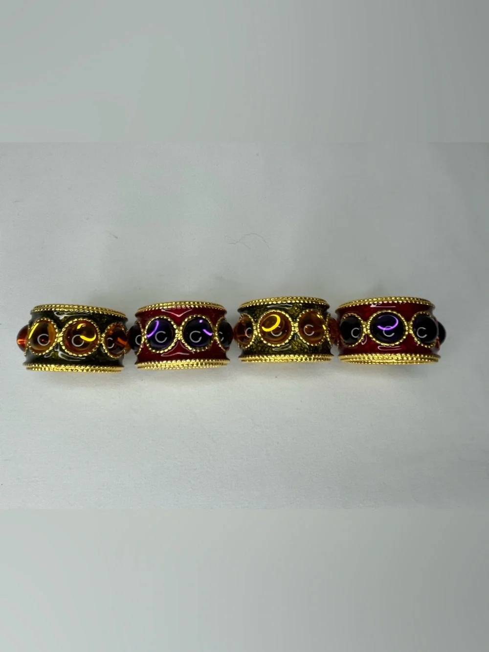 Vintage Luxury Hand Enameled Napkin Rings By Mike+Ally-Gold With Stones